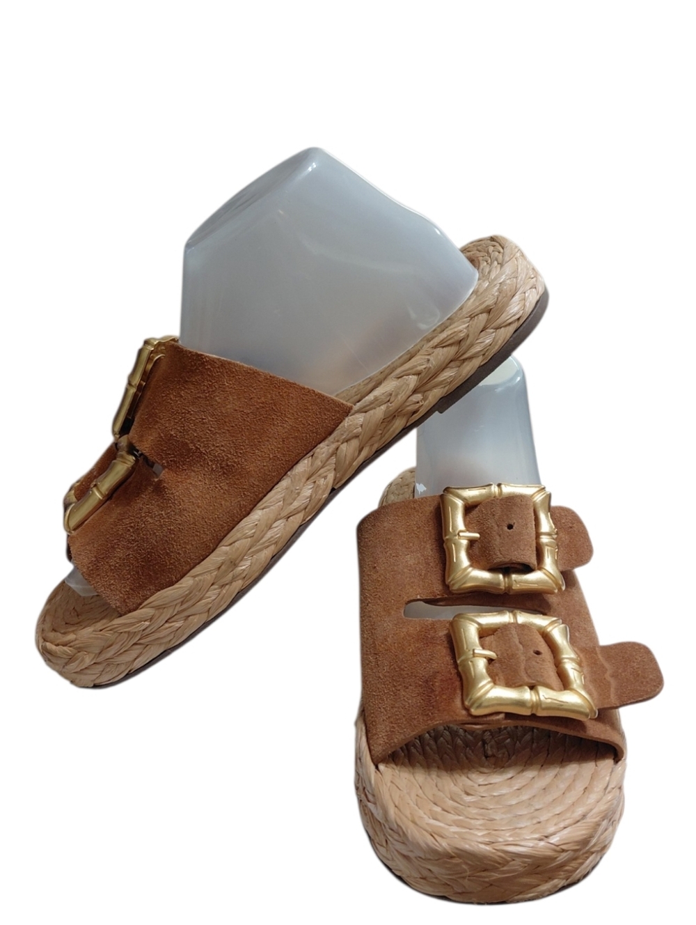 Shutz Enola Brown Suede Slide Espadrille  Sandals with Gold Buckles  Size 9.5 B